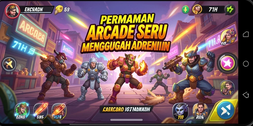 Tampilan antarmuka 71H yang menarik dengan elemen arcade yang dinamis.